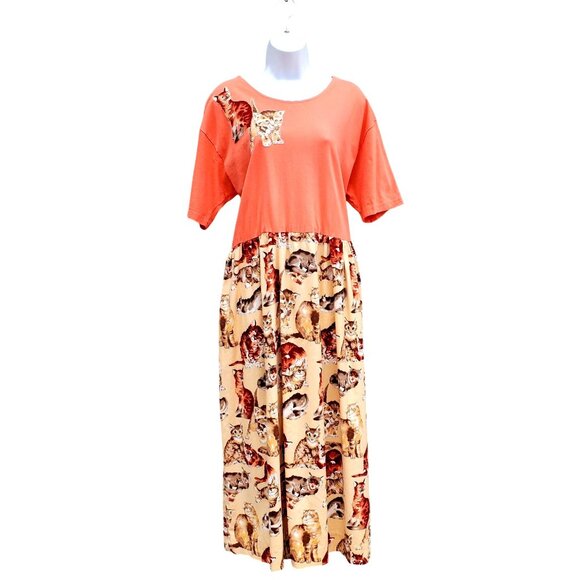 Vintage 80s Cat Dress Plus Size Cotton Kitten Print Short Sleeves Pockets XL 1X - Picture 2 of 10